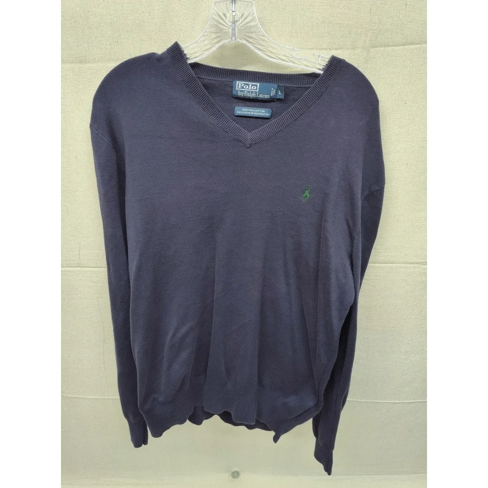 Polo Ralph Lauren Mens V-Neck Sweater Navy Blue 100% Pima Cotton Large Pony Logo